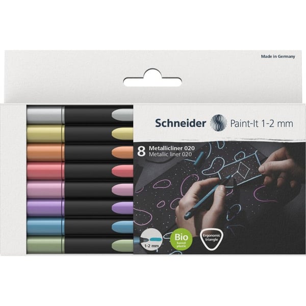 Schneider Schreibgeräte Paint-It 020 wallet, 8 stykker, Blå, Kopper, Gull, Grønn, Rosa, Rød, Sølv, Fiolett, 1 mm, 2 mm, Vindu-eske