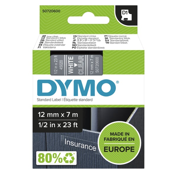 DYMO D1 S0720600 tarranauha 12 mm x 7 m, valkoinen kirkkaalla, LabelManageriin