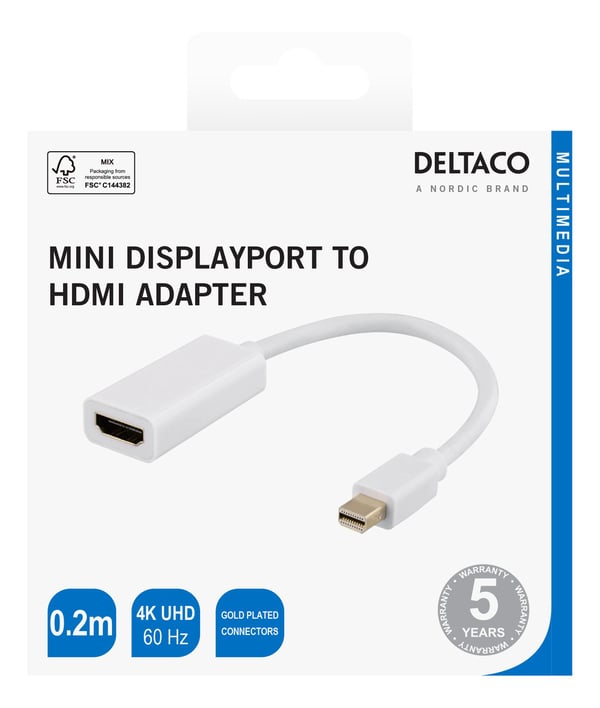 Deltaco Mini DisplayPort / HDMI -sovitin, 0,2 m, valkoinen, 0,2 m, Mini DisplayPort, HDMI, Uros, Naaras, Suora