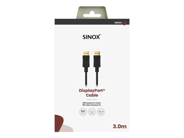 Sinox SOC01203, 3 m, DisplayPort, DisplayPort, Hankjønn, Hankjønn, 7680 x 4320 piksler