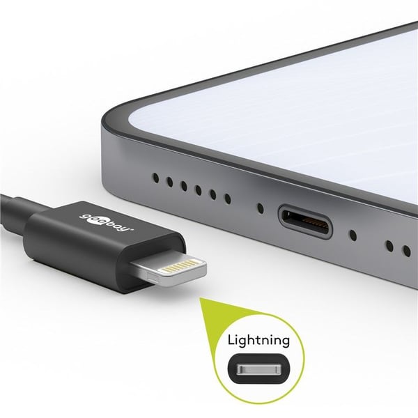 Wentronic Goobay USB-lataus- ja synkronointikaapeli, musta, 2 m - MFi lataus- ja synkronointikaapeli Apple iPhone/iPadille (musta) (72906)