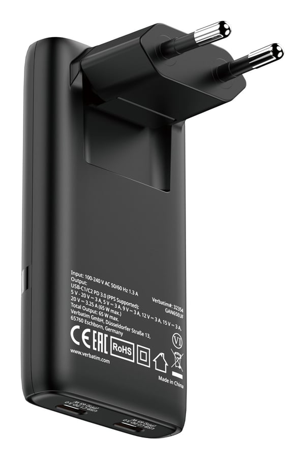 Verbatim Fold 'n' Go - Strømadapter - GaN - 65 watt - 3.25 A - Power Delivery 3.0 + PPS - 2 utgangskontakter (USB-C) - svart - Europa