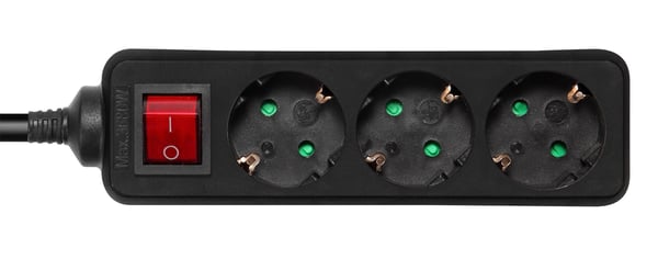 Deltaco Earthed power strip power switch, 3x CEE 7/3, 1x CEE 7/7 3m, 3 m, Sisätila, Tyyppi F, Type EF (CEE 7/7), Kulmikas, Musta