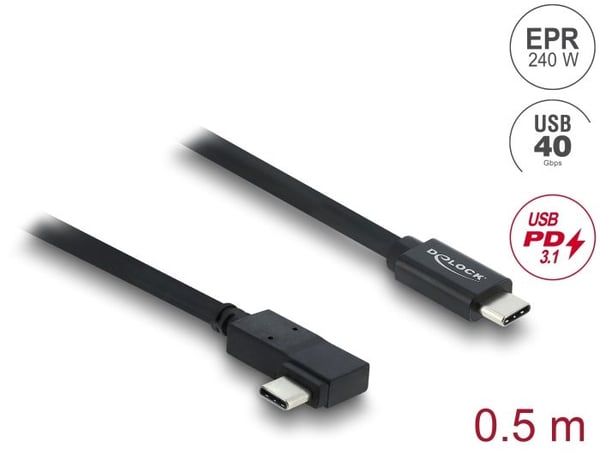 Delock - USB-kabel - USB-C (hane) rak till USB-C (hane) vänster-/högervinklad - USB 3.2 / Thunderbolt 3 - 48 V - 5 A - 50 cm - upp till 40 Gbps dat...