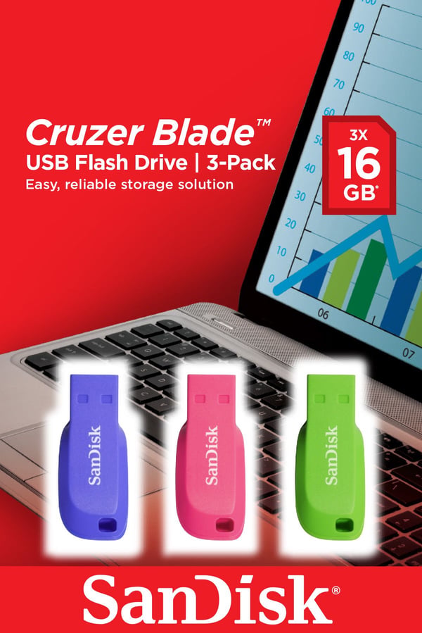 SanDisk Cruzer Blade - USB-flashstasjon - 16 GB - USB 2.0 - blå, grønn, rosa (en pakke 3)