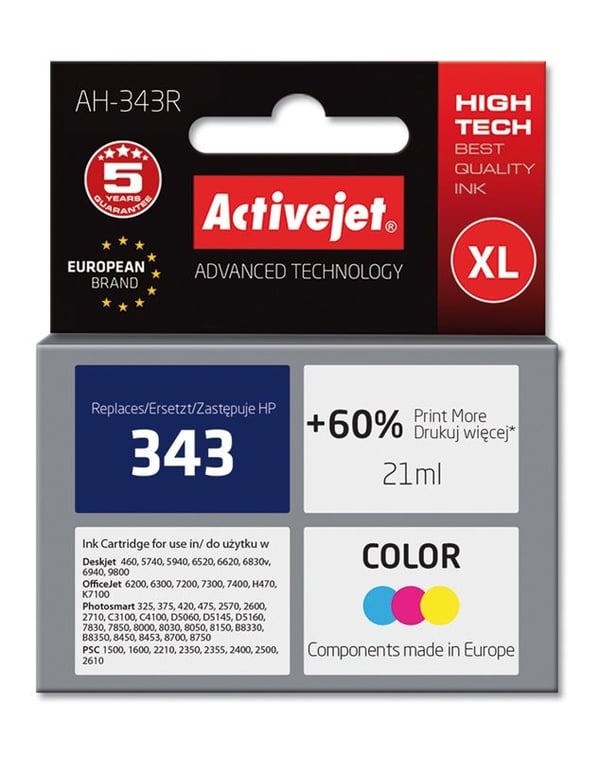 ActiveJet AH-343R, Pigmenttimuste, sininen, magenta, keltainen, HP, DeskJet 460c, 460cb, 460wbt, 460wf, 5740, 5743, 5745, 5748, 5940, 5943, 6520, 6...