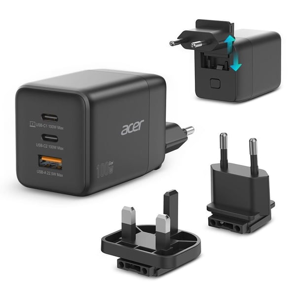 Acer HP.DSCAB.019 GaN-laturi 100 W 2x USB-C + 1x USB-A, musta