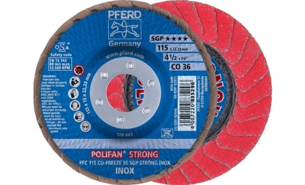 PFERD POLIFAN flap discs ceramic oxide grain CO-FREEZE SGP STRONG INOX, 11,5 cm, 10 kpl