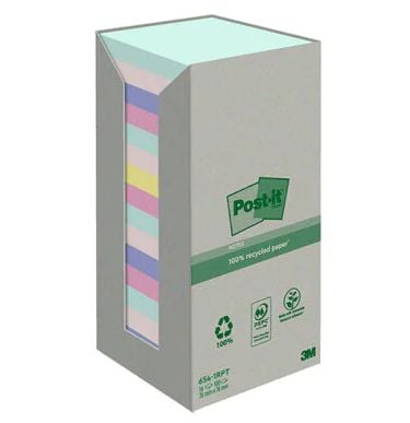 Post-it-lapper til resirkulering, assorterte farger, 76x76 mm, pakke med 16.