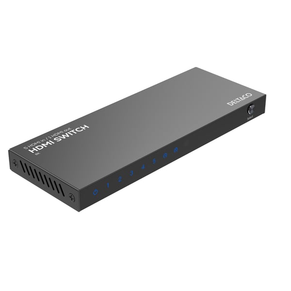 DELTACO - Video-/audiokytkin - 5 tuloa 1 lähtö, 8K@60Hz, kaukosäätimellä - 6 x HDMI - pöytätietokoneet
