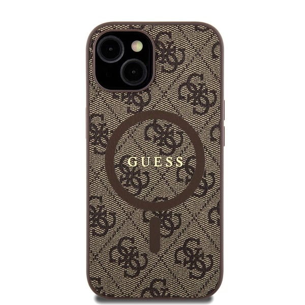 Originalt GUESS frontpaneldeksel GUHMP15SG4GFRW for iPhone 15 (kompatibel med Magsafe / 4G Ring klassisk logo / Brun)