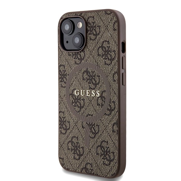 Originalt GUESS frontpaneldeksel GUHMP15SG4GFRW for iPhone 15 (kompatibel med Magsafe / 4G Ring klassisk logo / Brun)