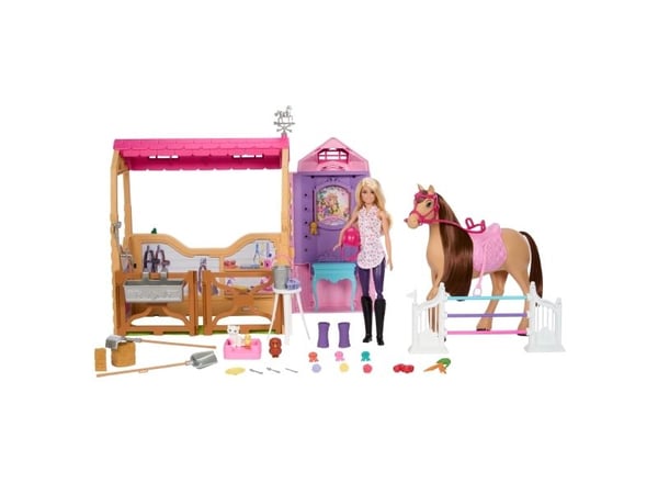 Barbie HXJ44 Great Chase Dream Stable -leikkisetti, nukke ja hevonen, 25+ osaa