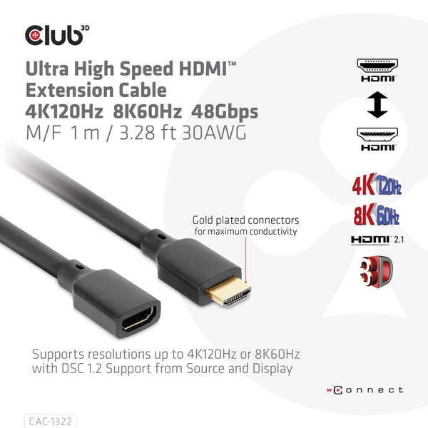 Club 3D - Ultra High Speed - HDMI-forlengelseskabel - HDMI hann til HDMI hunn - 1 m - 4K-støtte
