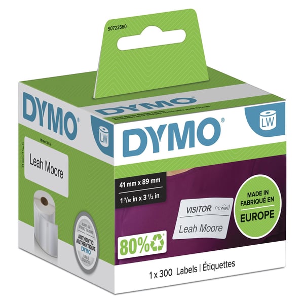 DYMO LW - Pieni nimikorttitarra - 41 x 89 mm - S0722560, Valkoinen, Itse kiinnittyvä tulostintarra, Paperi, Irroitettava, Suorakulmio, LabelWriter