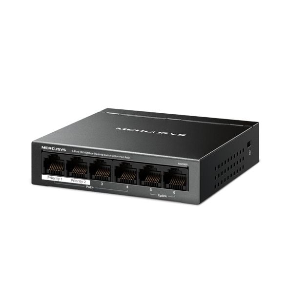 Mercusys MS106P, Uhåndtert, Fast Ethernet (10/100), Full tosidig, Strøm over Ethernet (PoE), Skrivebords-/veggmontering