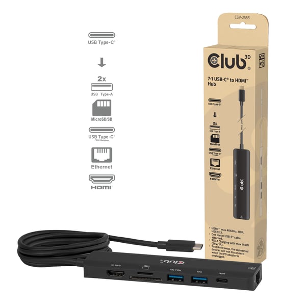 CLUB3D CSV-2555, kablet, 1000 Mbps, svart, 136 mm, 34 mm, 94,5 mm