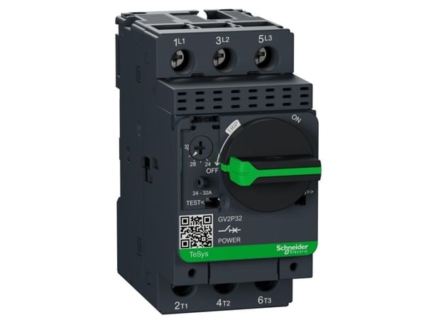 SCHNEIDER ELECTRIC Käsikäyttöinen moottorinsuoja TypeGV2-P 3-napainen asetusalue 24-32A 400VAC:ssa Ruuviliitin Korkea oikosulkutaso Kiertokahva Kää...