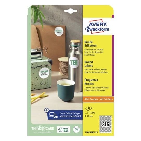Avery L6019REV - Fjernbart adhesiv - hvit - 10 mm rund 7875 stk (25 ark x 315) merkelapper