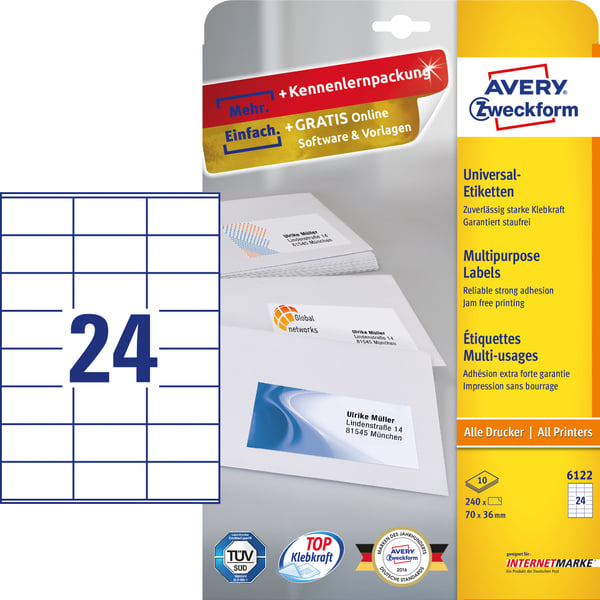 Avery 6122, Valkoinen, A4, Paperi, Laser/Inkjet, Kiinteä, FSC Mix Credit