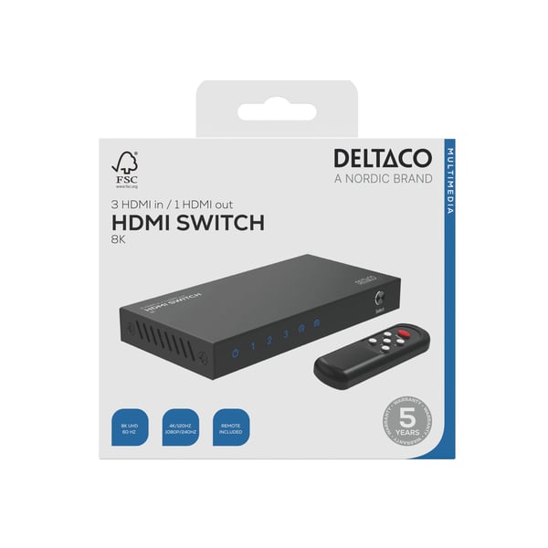 DELTACO - Video-/ljudomkopplare - 3 inputs to 1 output, 8K@60Hz, with remote - 4 x HDMI - skrivbordsmodell