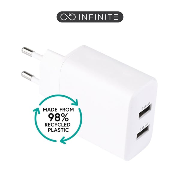 eSTUFF INFINITE - Strømadapter - 100% recycled plastic - 24 watt - 2.4 A - 2 utgangskontakter (USB) - hvit