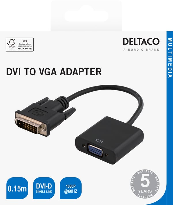 DELTACO - Videokort - DVI-D (hane) till 15 pin VGA (hona) - 15 cm - aktiv, stöd för 1920 x 1200 vid 60 Hz - svart