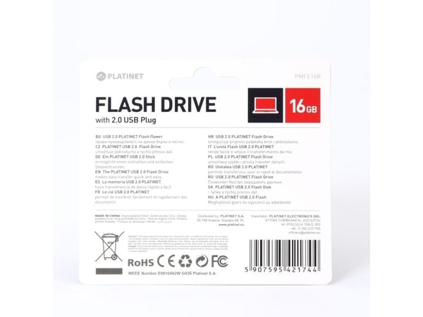 Platinet PMFE16R, 16 GB, USB Type-A, 2.0, 22 MB/s, Med lokk, Rød