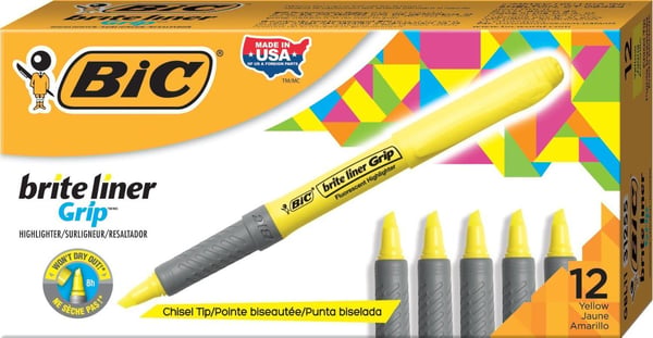 BIC brite liner Grip - Markeringspenn - fluorescerende gul - vannbasert blekk - 1.6-3.4 mm - fin og bred (en pakke 12)