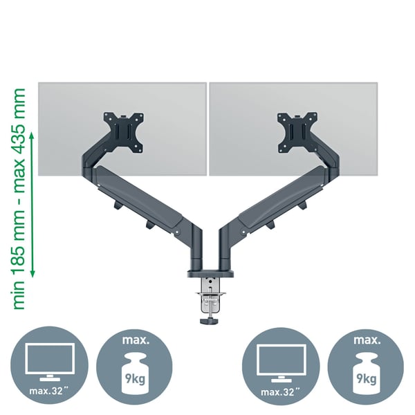 Leitz Ergo - Monteringssett (spring-assisted dual arm) - for 2 LCD-skjermer - space saving - metall - mørk grå - skjermstørrelse: 17"-32"