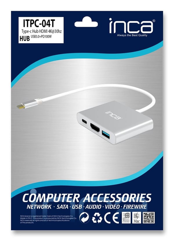 Inca ITPC-04T, USB Type-C, HDMI, Thunderbolt 3, USB 3.2 Gen 1 (3.1 Gen 1) Type-A, 5000 Mbit/s, 30 hz, 2160p, 3840 x 2160 pixlar