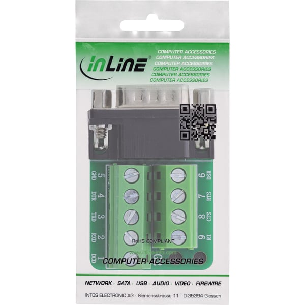 InLine 92501F, Terminal block / D-Sub 9, Svart, Grön, Hane/Hona, 12/22, 300 V, 10 mO