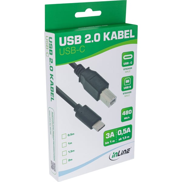 InLine 35766, 0,5 m, USB C, USB B, USB 2.0, Hankjønn/hankjønn, Svart