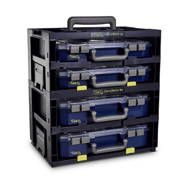 raaco CarryMore 80x2 lajitelmalaatikko, jossa 2 CarryLite 80 -koteloa
