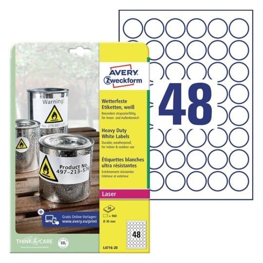 Avery Heavy Duty Laser Labels L4716 - Polyester - permanet adhesiv - belagt - hvit - 30 mm rund 960 etikett(er) (20 ark x 48 merkelapper