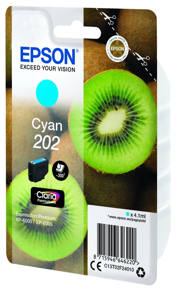 Epson Kiwi Singlepack Cyan 202 Claria Premium Ink, Perusvärintuotto, Syaani, 4,1 ml, 1 kpl, 300 sivua, Kertapakkaus