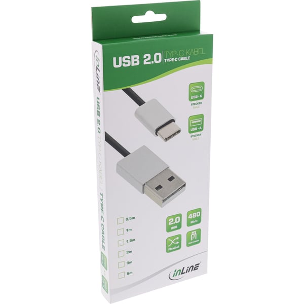 InLine 35836, 0,5 m, USB A, USB C, USB 2.0, hane/kvinna, svart