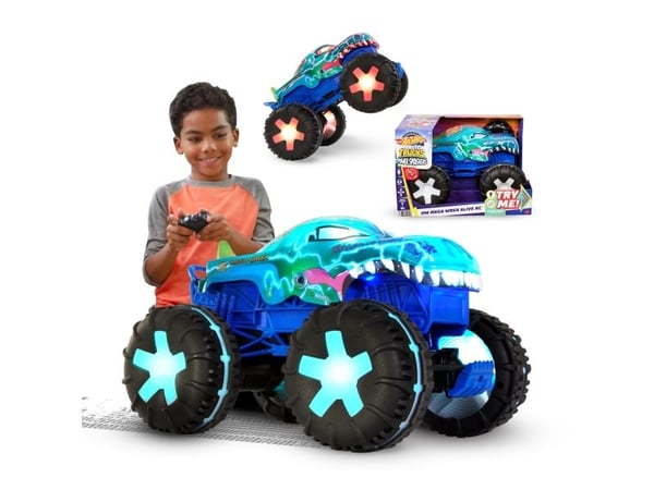 Hot Wheels Monster Trucks Mega-Wrex Alive, paristoilla toimiva kauko-ohjattava ajoneuvo mittakaavassa 1:15, interaktiiviset valot ja äänet, Ajoneuv...