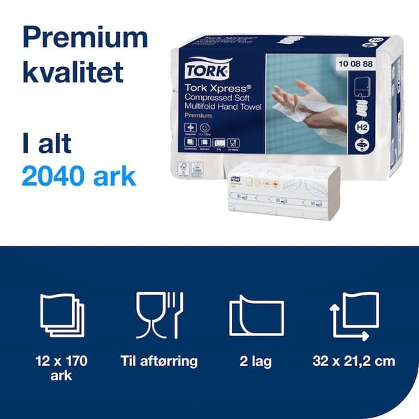 Tork Premium H2 M-Fold 2-lags komprimerte jomfrufiberhåndklær, hvite - (12 pakker x 170 stk.)