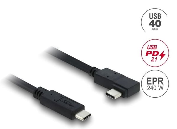 Delock - USB-kabel - USB-C (hane) rak till USB-C (hane) vänster-/högervinklad - USB 3.2 / Thunderbolt 3 - 48 V - 5 A - 1 m - upp till 40 Gbps dataö...