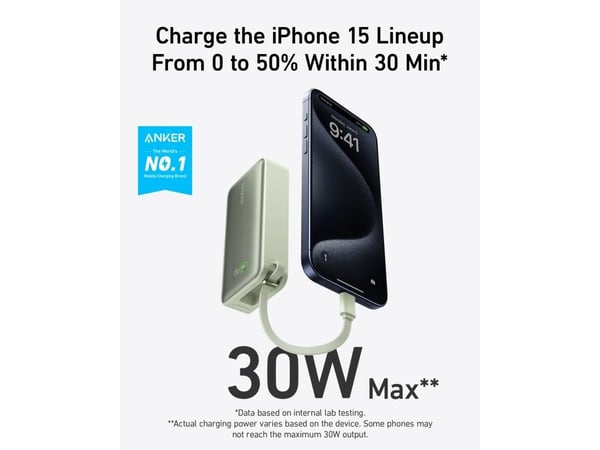 Anker 545 Nano A1259G61 powerbank 10000 mAh 30 W med inbyggd USB-C-kabel, grön