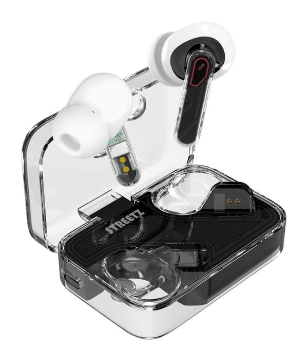 Streetz Gjennomsiktige True Wireless Earbuds med Dual Mic ENC, Trådløs, Samtaler/musikk, 20 - 20000 Hz, 47 g, Hodesett, Svart