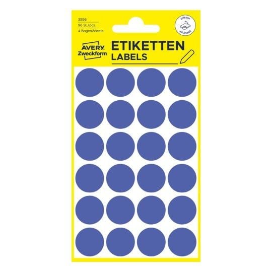 Tarrat Avery Ø18 mm, siniset, irrotettavat värikoodauspisteet, läpinäkymättömät - (4 arkkia x 24 kpl)