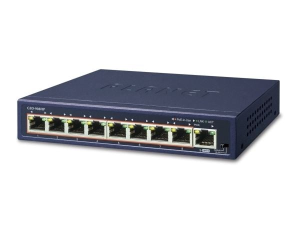 PLANET GSD-908HP - Switch - 8 x 10/100/1000 (PoE+) + 1 x 10/100/1000 (opplink) - stasjonær - PoE+ (120 W)