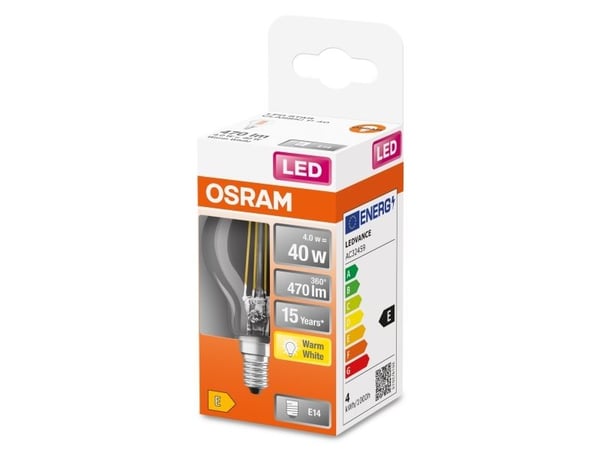 OSRAM STAR CLASSIC P - LED-filamentlyspære - form: P45 - klar finish - E14 - 4 W (ekvivalent 40 W) - klasse E - varmt hvitt lys - 2700 K