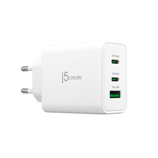 j5create - Strømadapter - GaN-teknologi - 65 watt - 4.5 A - PD 3.0, QC 3.0 - 3 utgangskontakter (2 x USB-C, USB-type A) - hvit - Den europeiske union