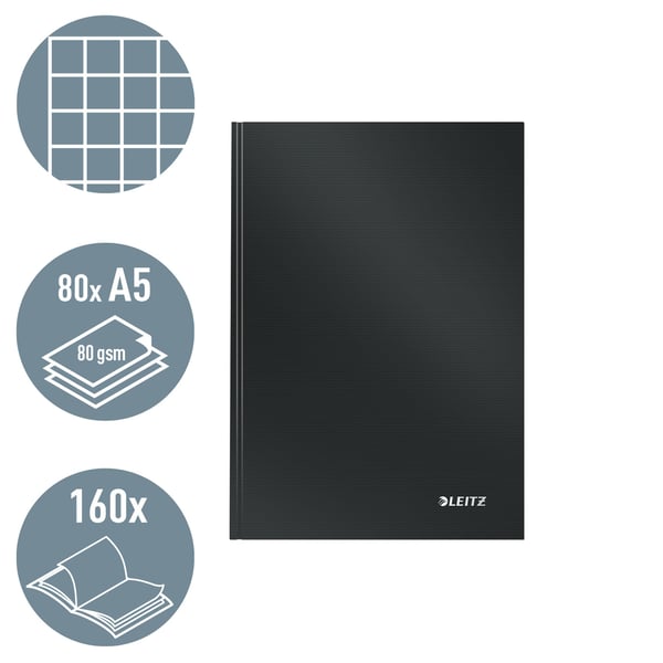 Leitz Solid A5-muistikirja, 80 arkkia, ruudut, kovakantinen, Yksivärinen, musta, A5, 80 arkkia, Kiiltävä, 80 g/m²