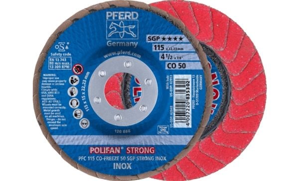 PFERD POLIFAN flap discs ceramic oxide grain CO-FREEZE SGP STRONG INOX, 11,5 cm, 10 kpl