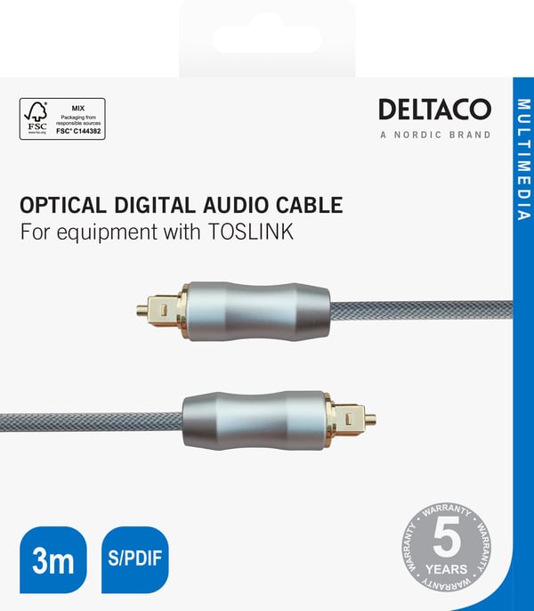 DELTACO - Digial audiokabel (optisk) - SPDIF - TOSLINK hane till TOSLINK hane - 3 m - fiberoptisk - svart, silver