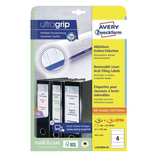 Avery Zweckform L4761 - Papir - fjernbart adhesiv - hvit - 61 x 192 mm 80 etikett(er) (20 ark x 4) opake arkivmappeetiketter